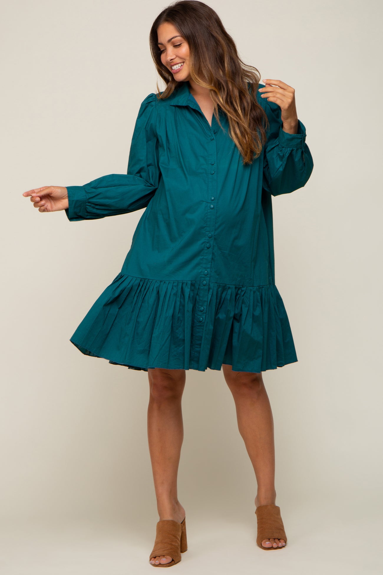Hunter Green Button Down High Neck Long Sleeve Maternity Dress