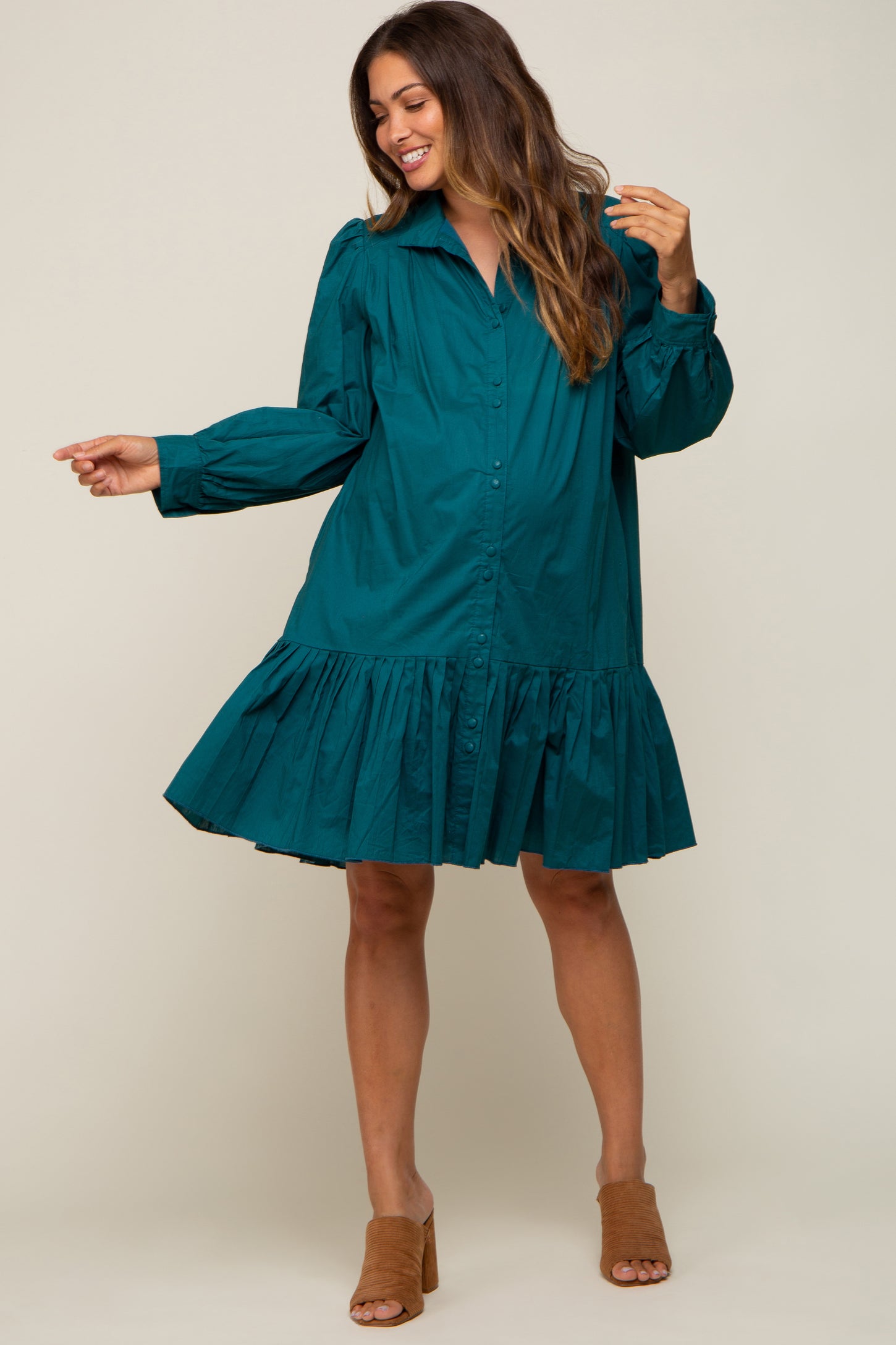 Hunter Green Button Down High Neck Long Sleeve Maternity Dress