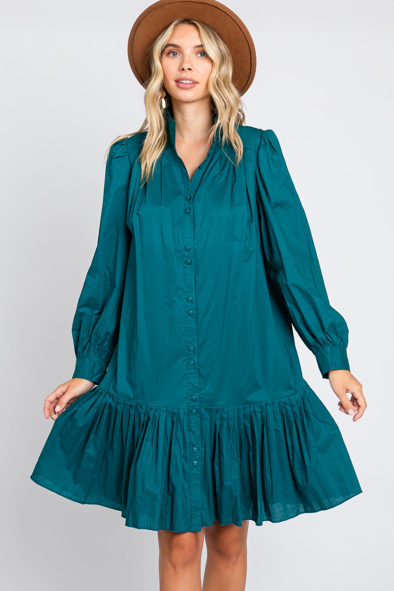 Hunter Green Button Down High Neck Long Sleeve Maternity Dress