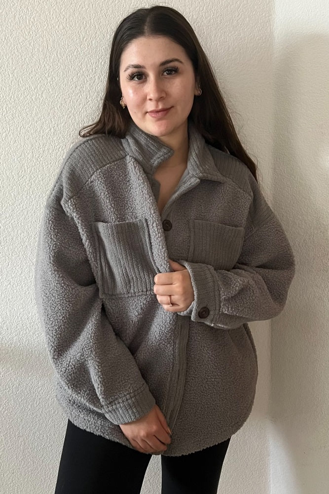 Grey Colorblock Fleece Shirt Jacket
