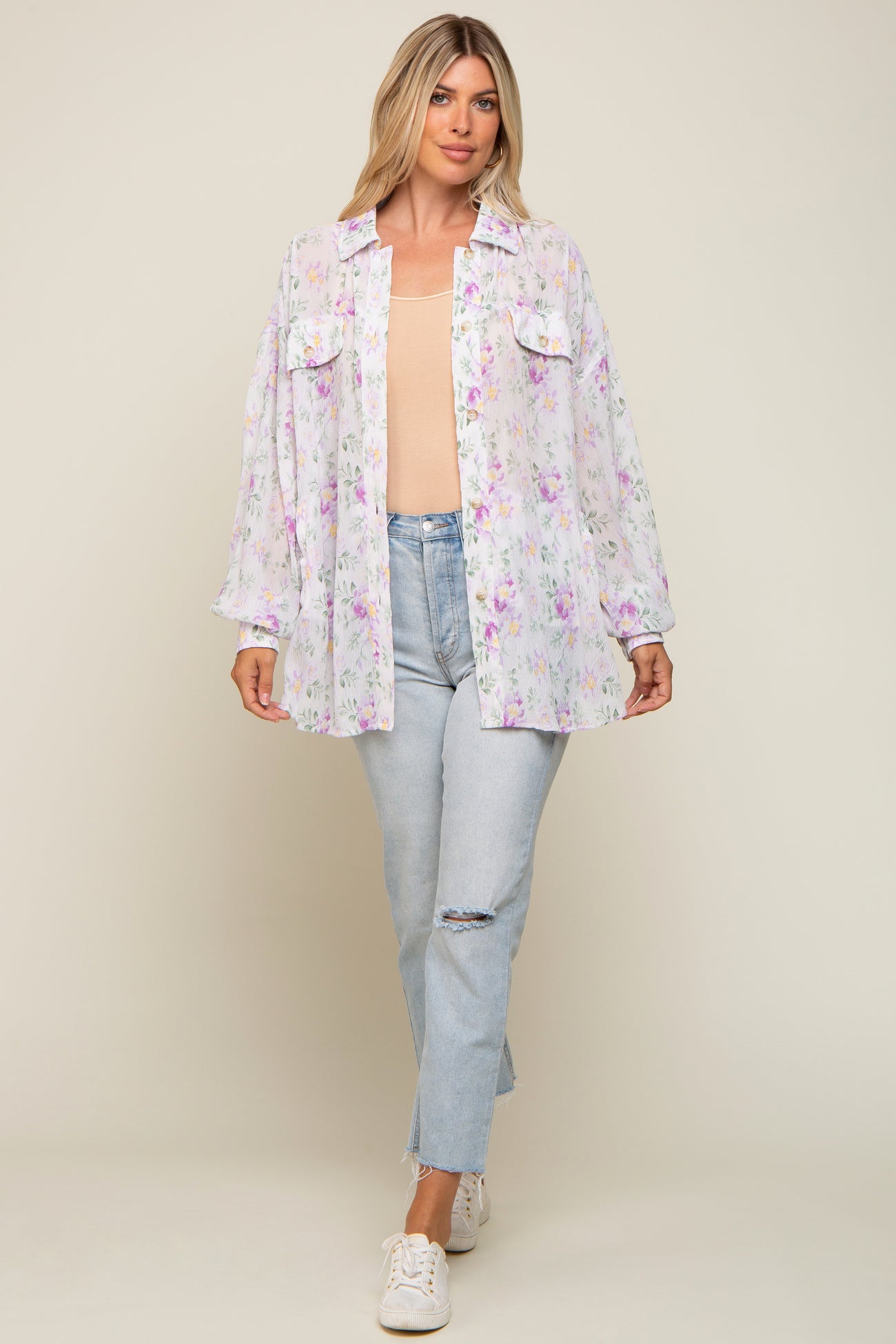 Lavender Pleated Floral Oversized Blouse