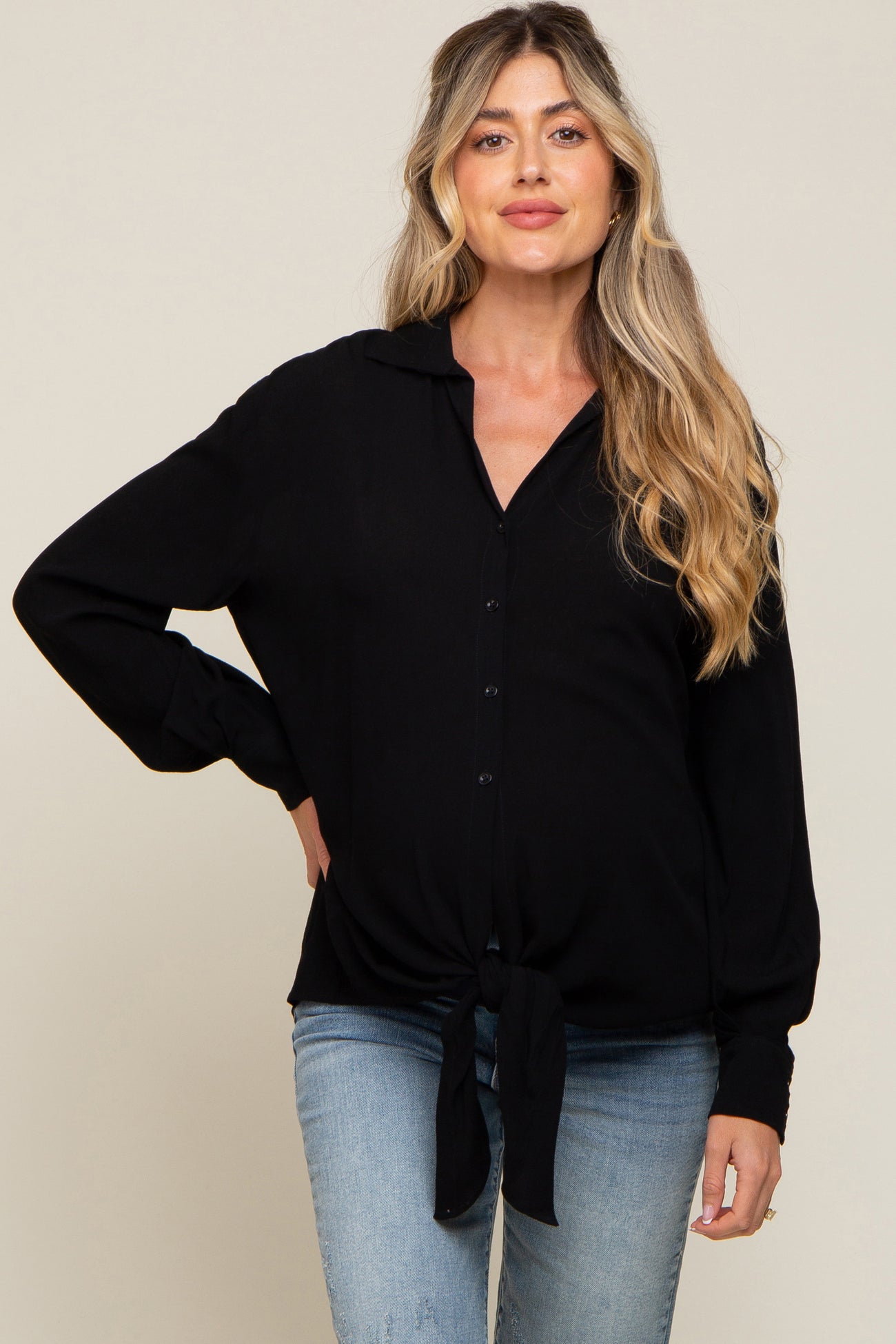 Black Collared Button Down Knotted Maternity Shirt