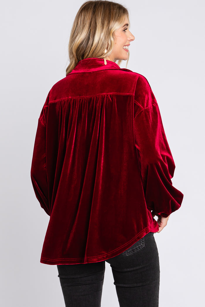 Burgundy Velvet Button Fron Collared Blouse