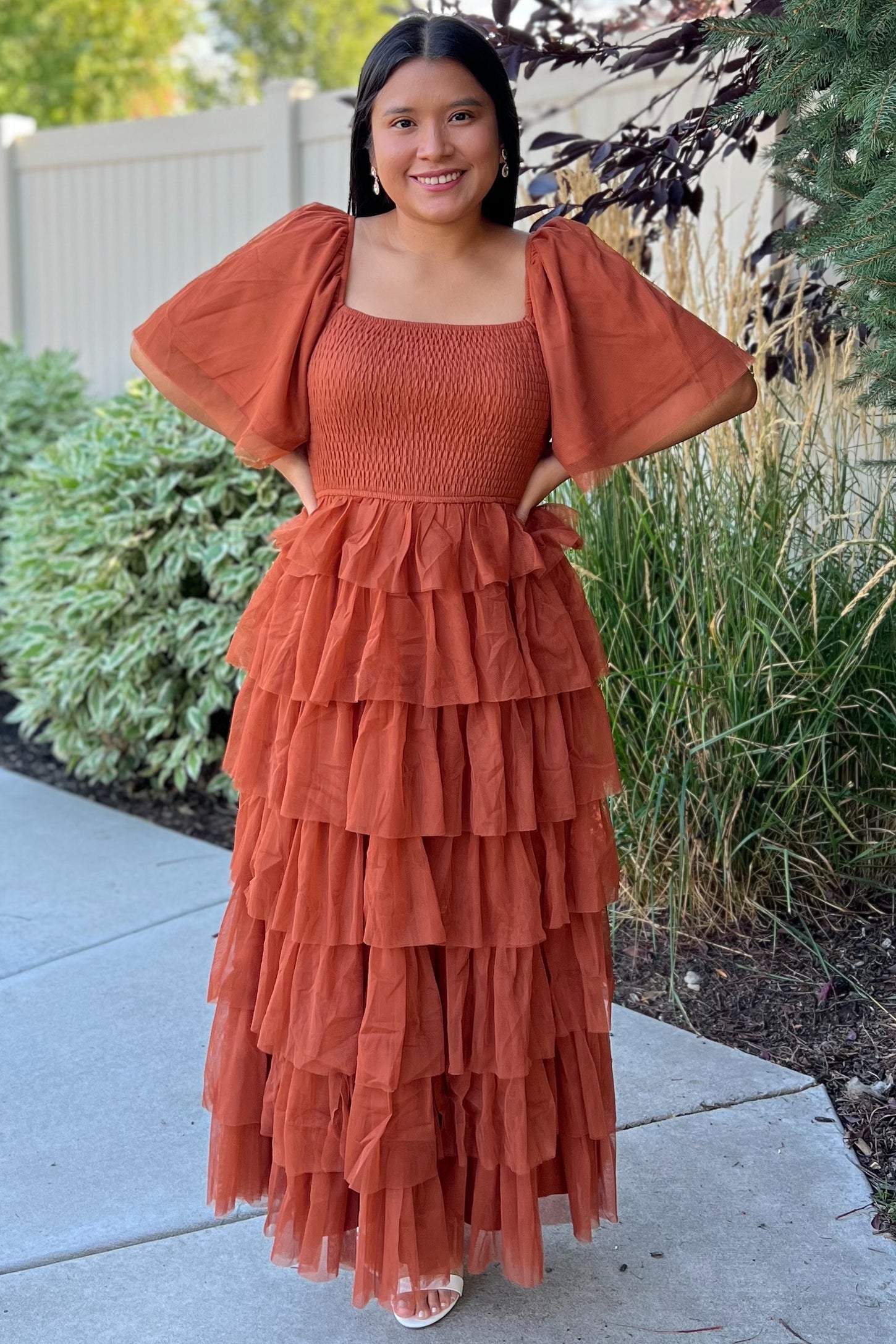 Camel Tulle Smocked Square Neck Tiered Midi Dress