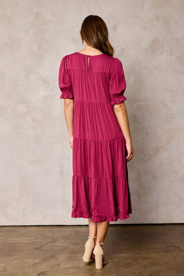 Red Tiered Ruffle Hem Midi Dress