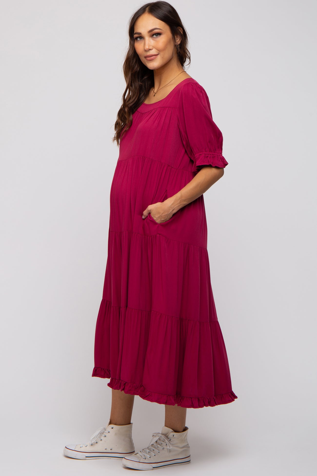 Red Tiered Ruffle Hem Maternity Midi Dress