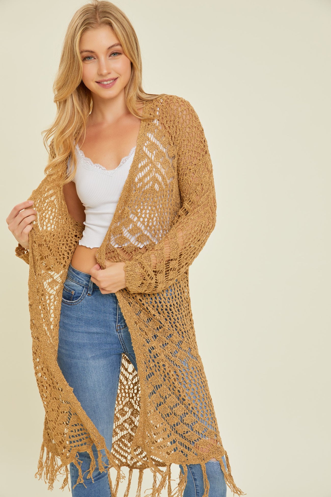 Gold Crochet Fringe Hem Maternity Cardigan