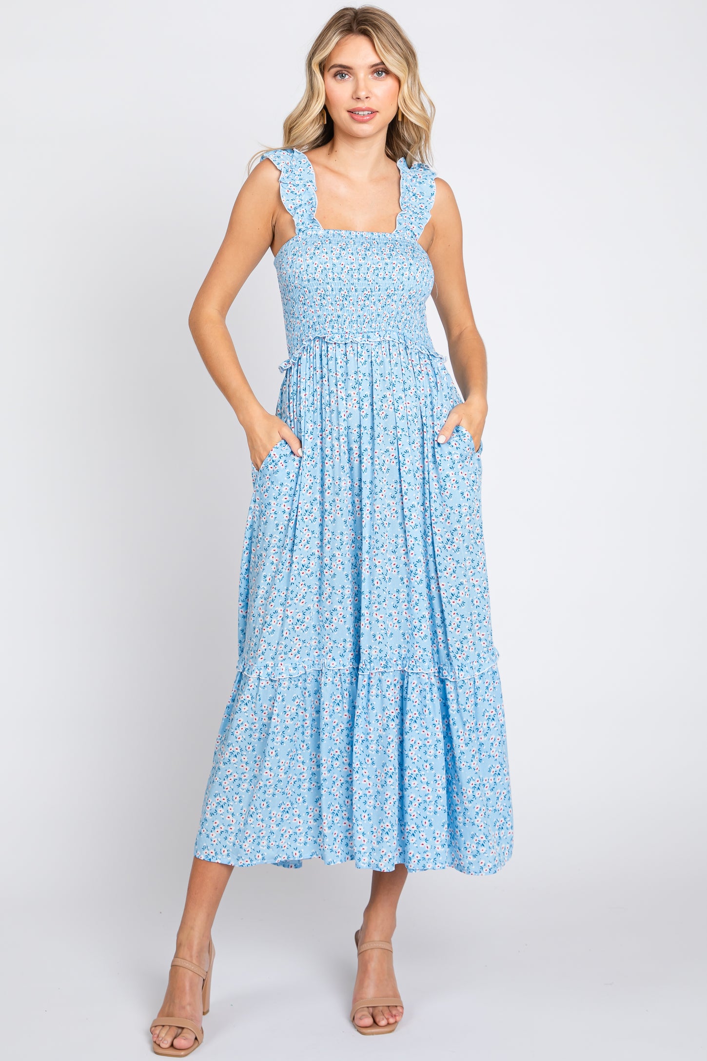 Light Blue Floral Sleeveless Smocked Ruffle Maternity Midi Dress