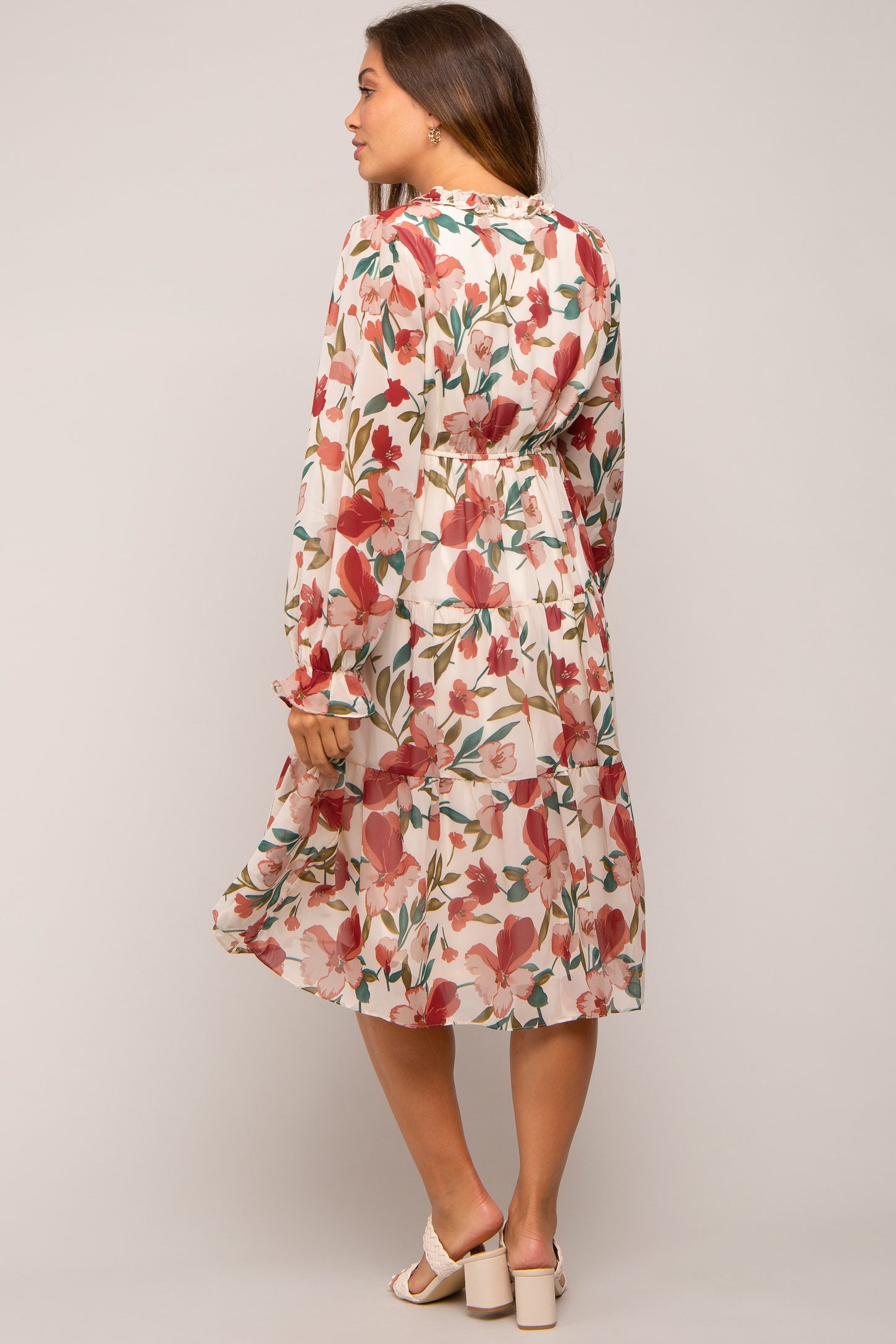 Ivory Floral Ruffle V-Neck Maternity Dress