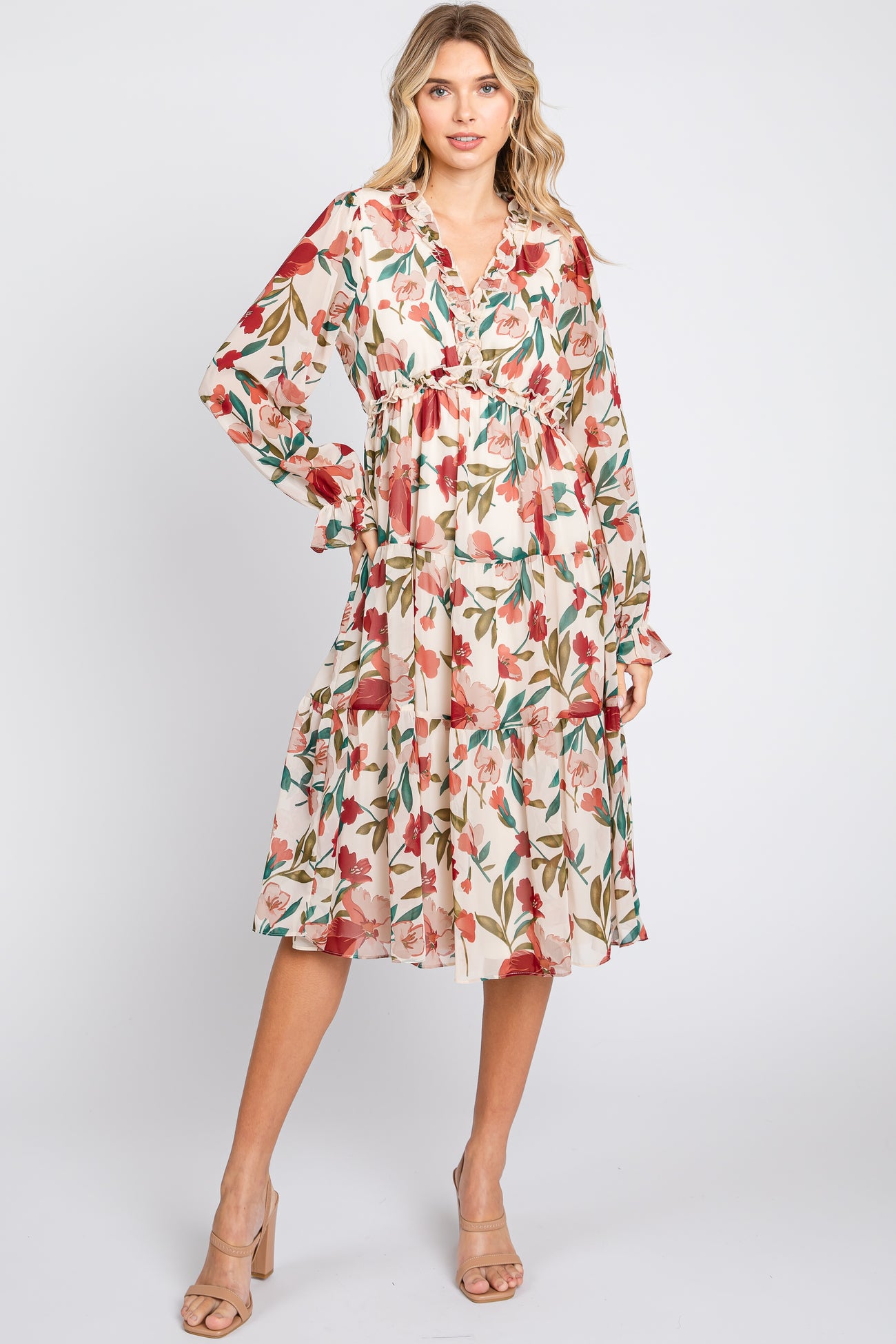 Ivory Floral Ruffle V-Neck Maternity Dress