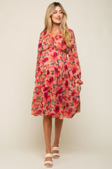 Mauve Floral Ruffle V-Neck Maternity Dress