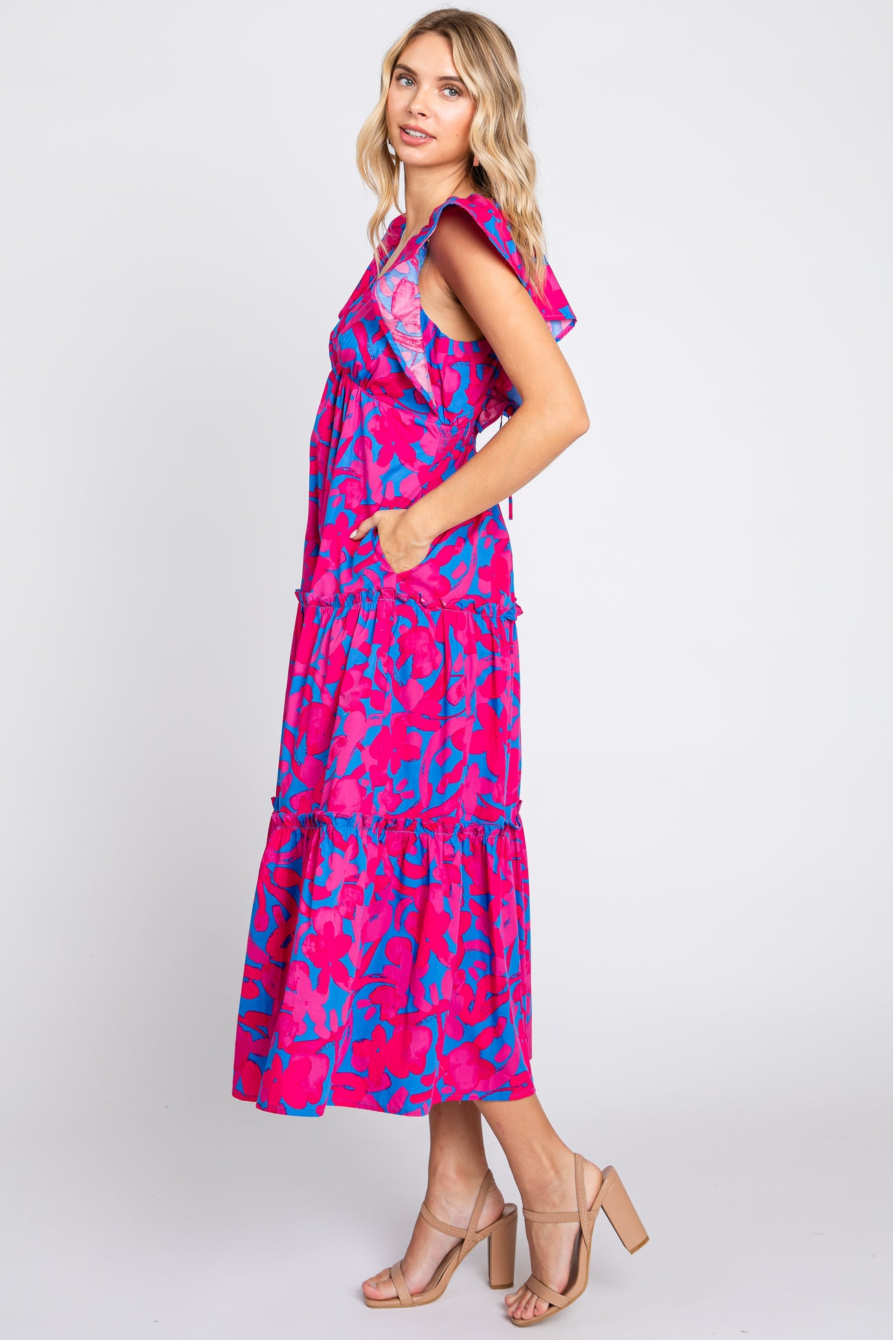 Pink Flutter Sleeve Open Lace Up Back Tiered Midi Dress