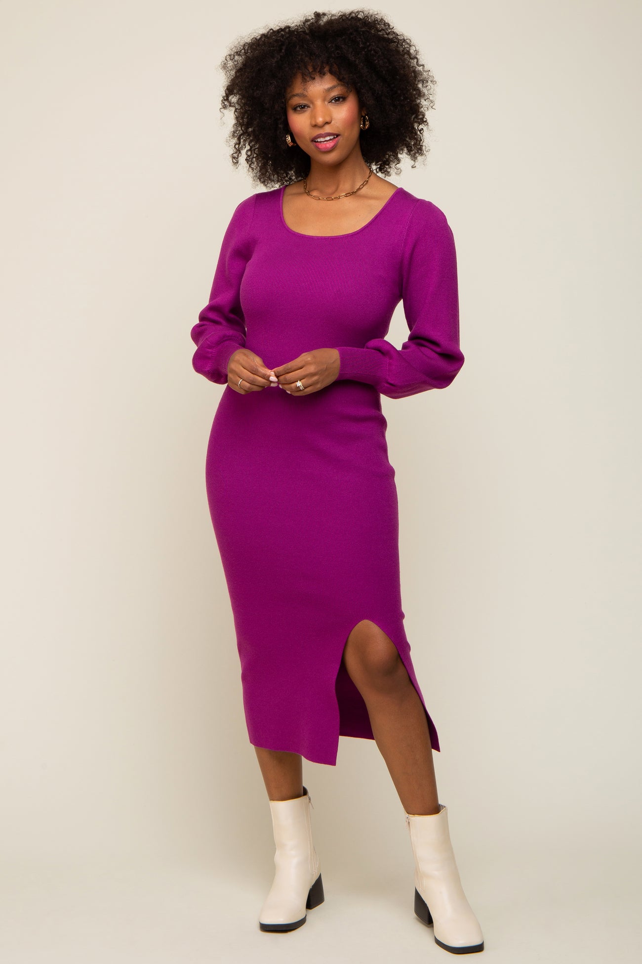 Purple Side Slit Sweater Knit Maternity Midi Dress