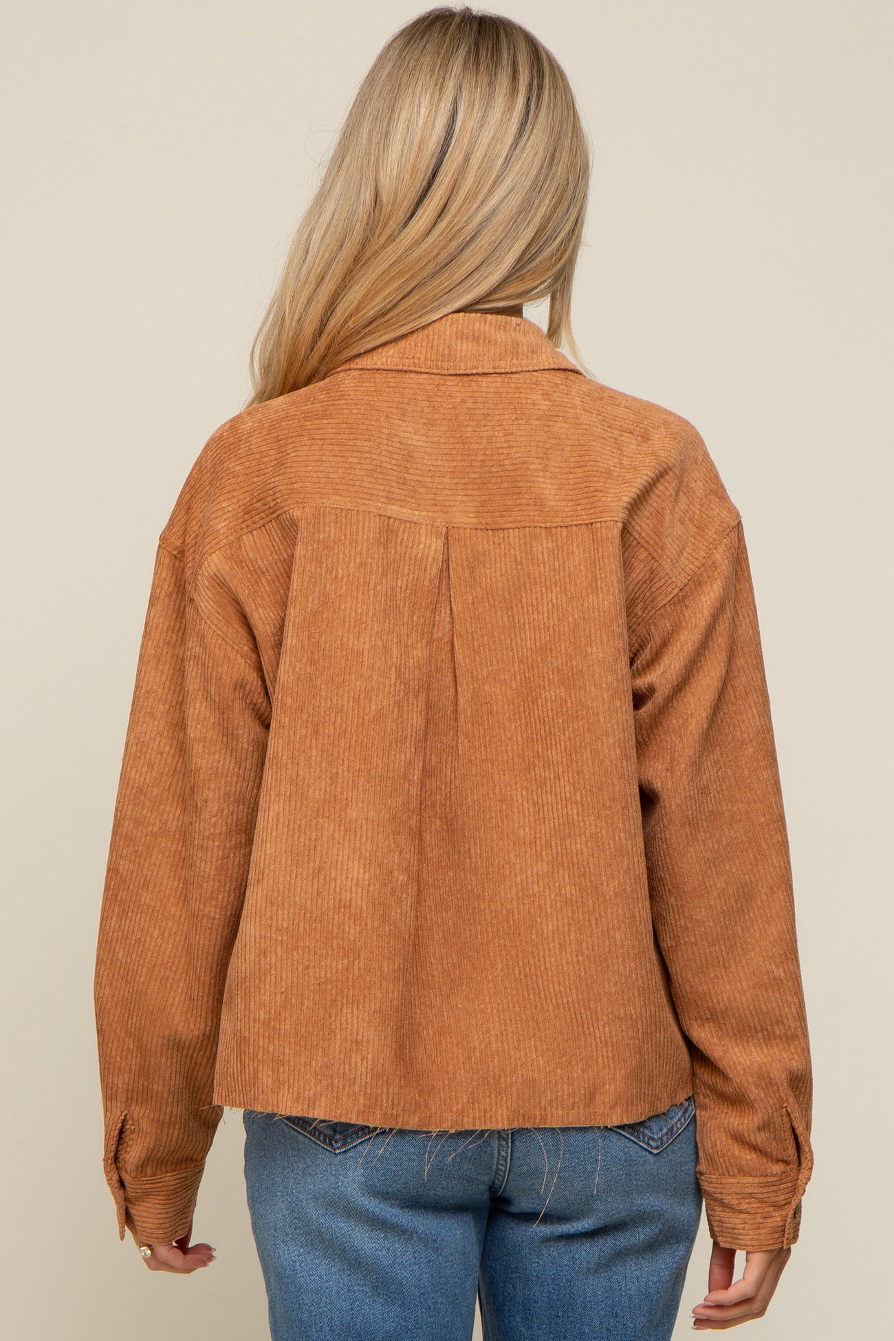 Camel Corduroy Raw Hem Maternity Shacket