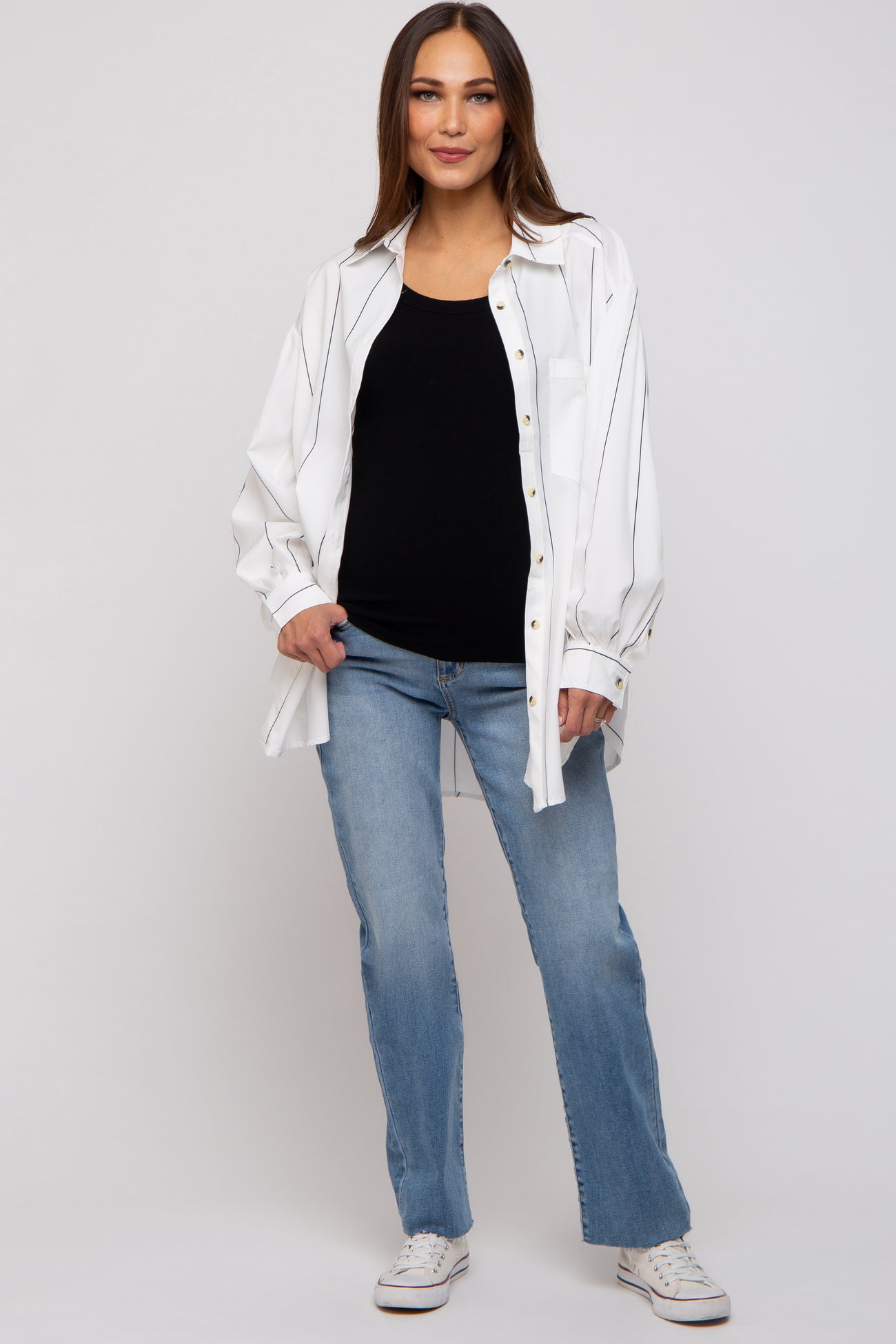 White Striped Puffed Sleeve Maternity Blouse