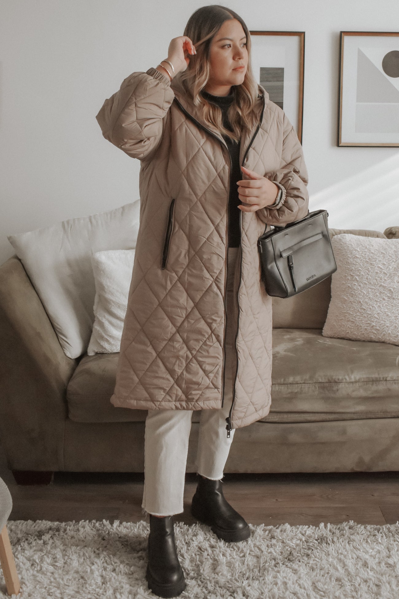 Light Taupe Quilted Long Puffer Jacket