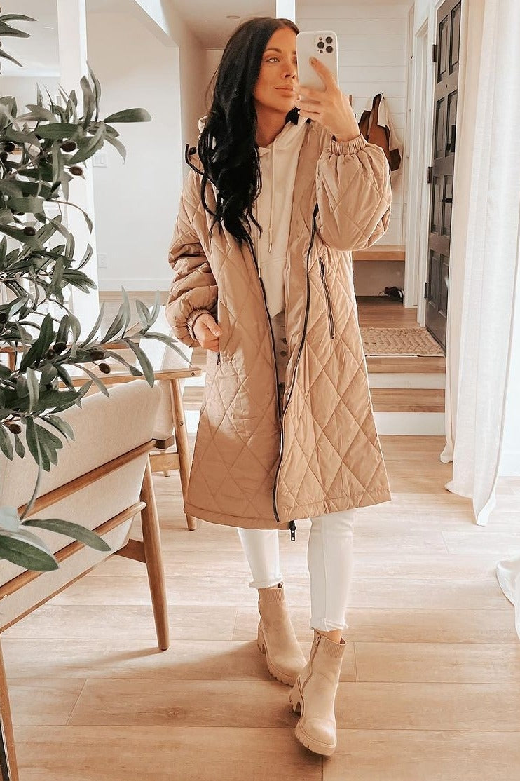 Light Taupe Quilted Long Puffer Jacket