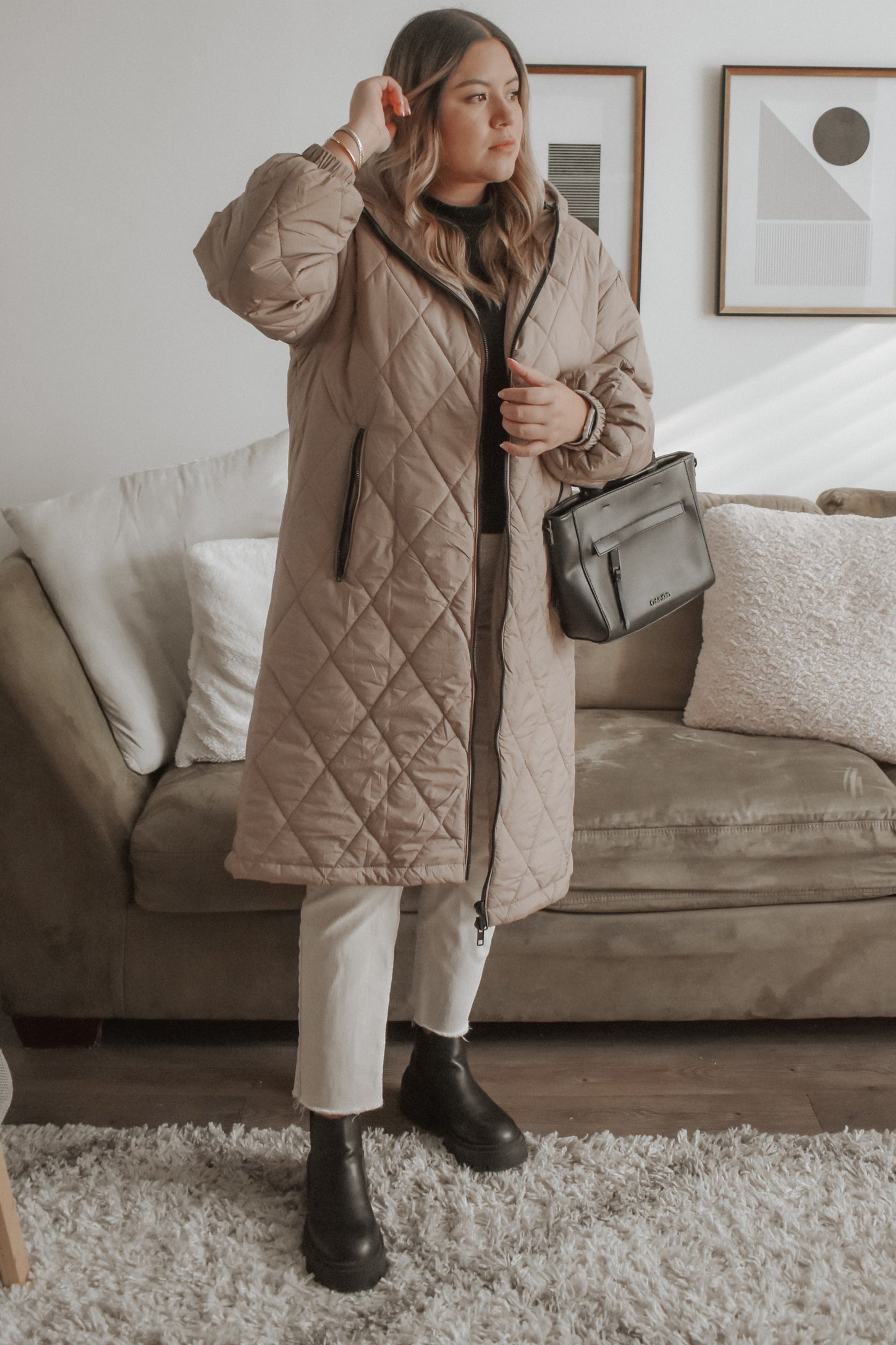 Light Taupe Quilted Long Puffer Jacket