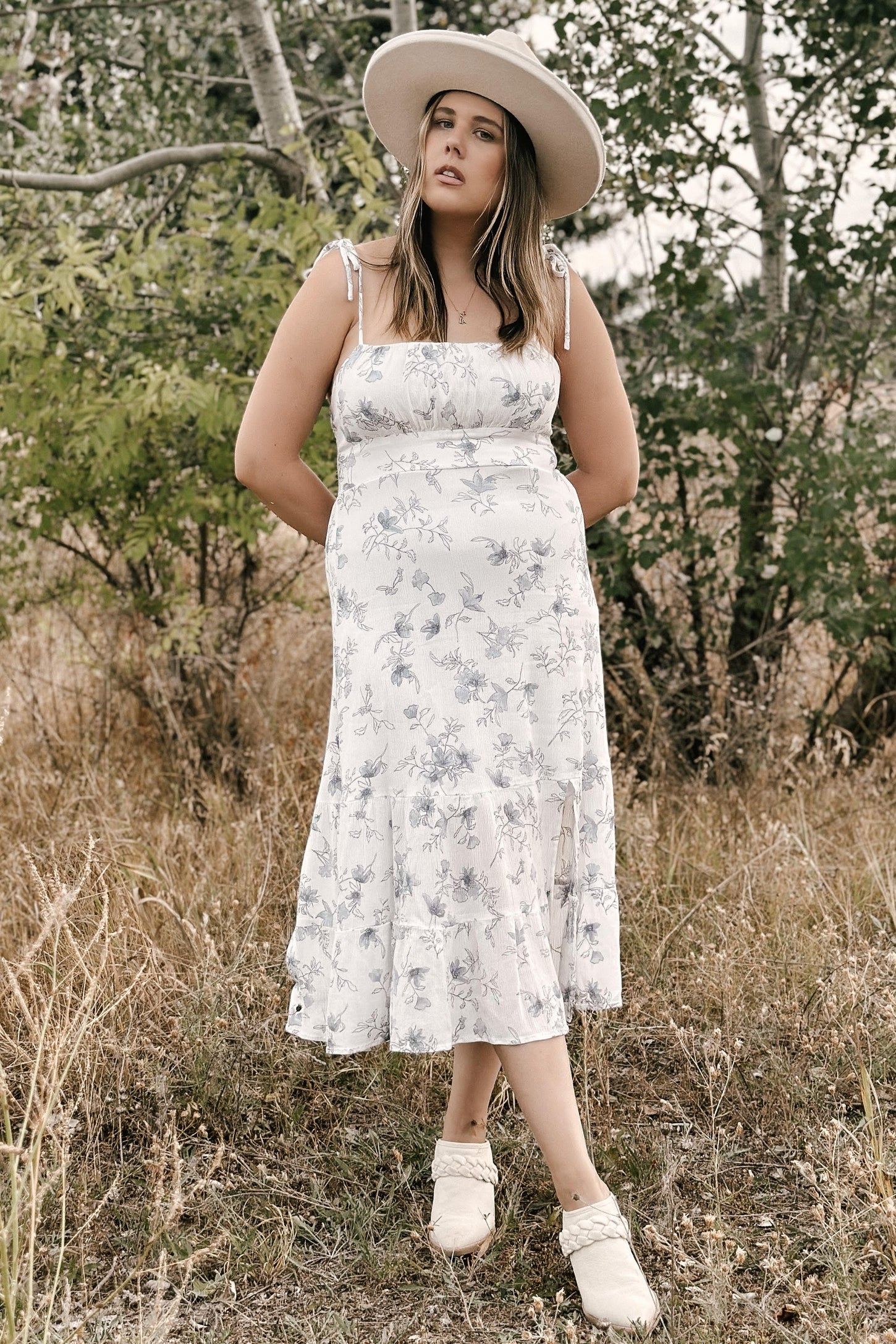 White Floral Sleeveless Back Smocking Slit Maxi Dress