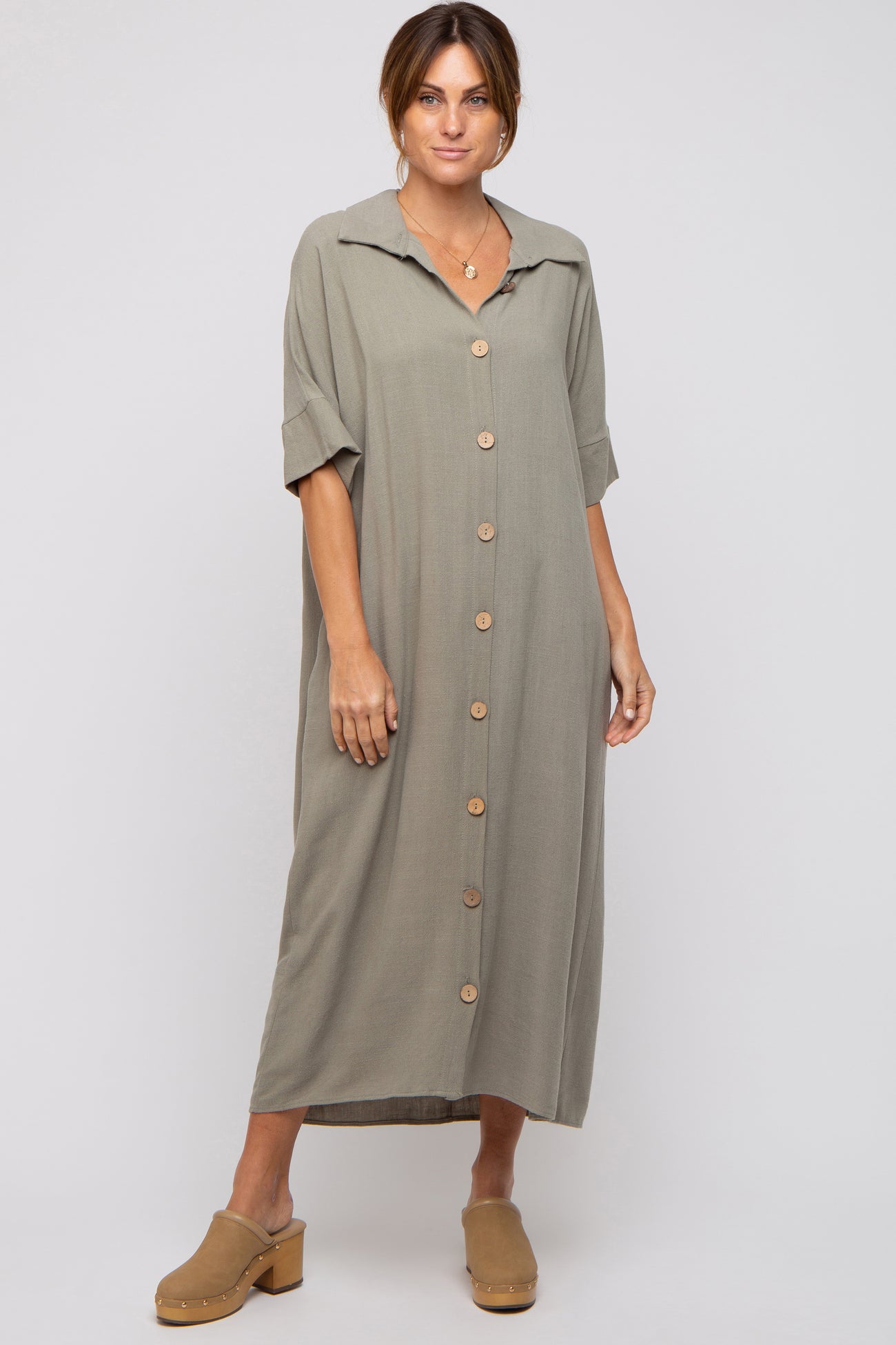 Olive Oversized Button Down Maternity Midi Dress