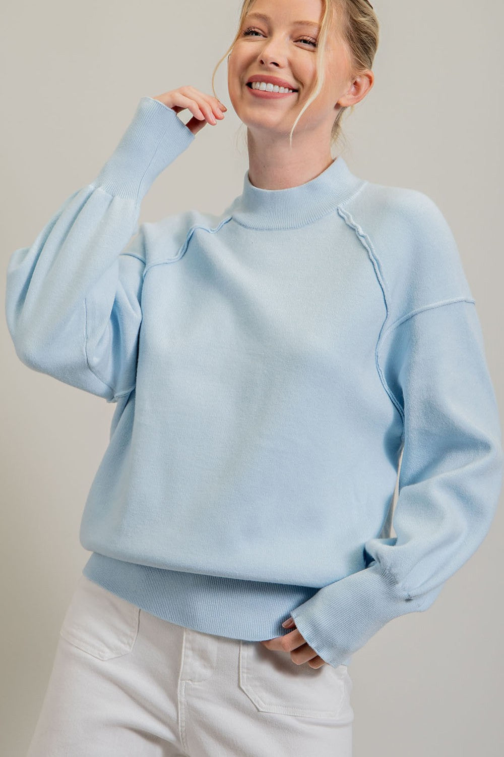 Light Blue Knit Long Sleeve Mock Neck Maternity Top