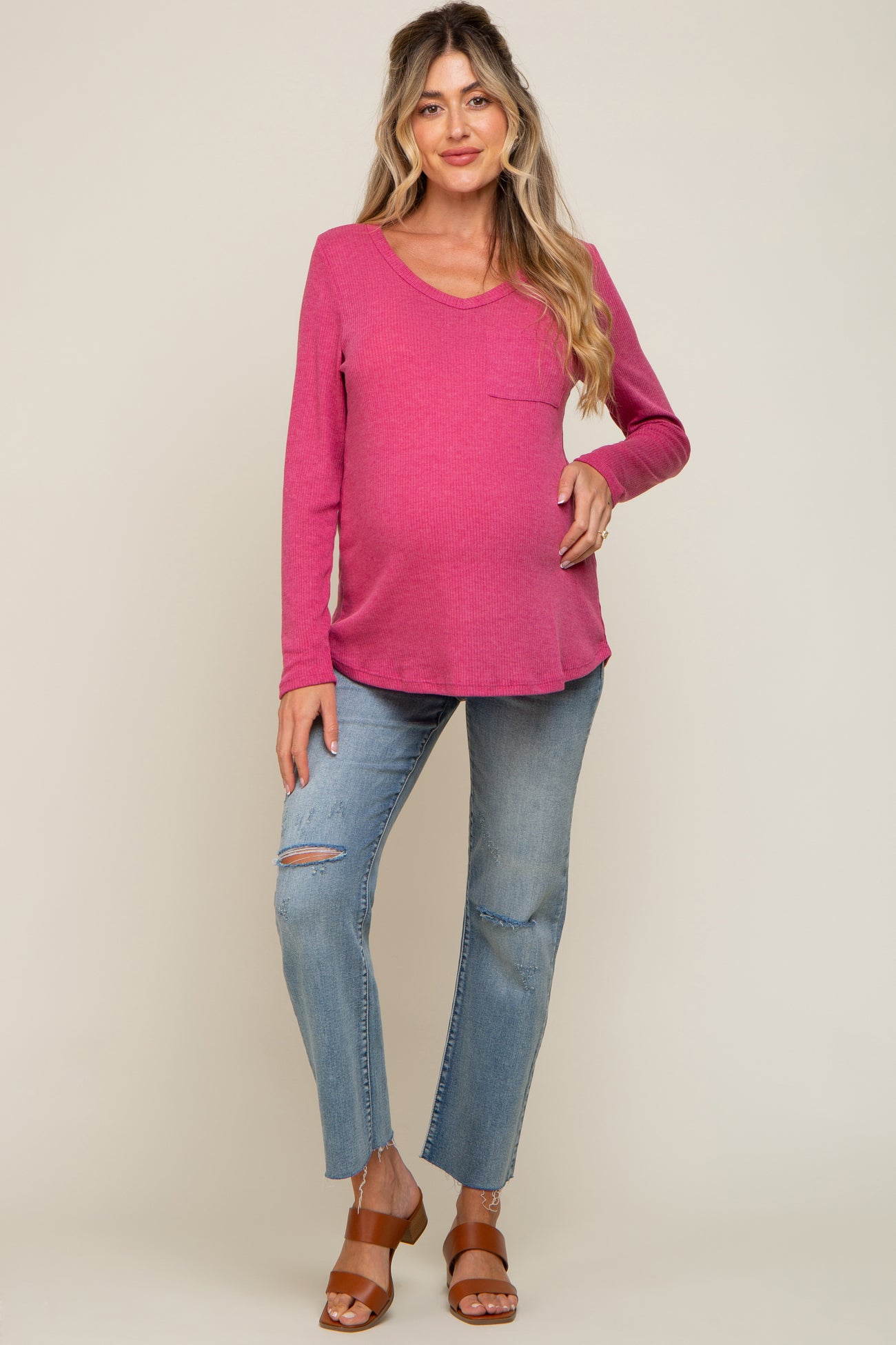 Fuchsia Ribbed Knit Maternity Long Sleeve Top