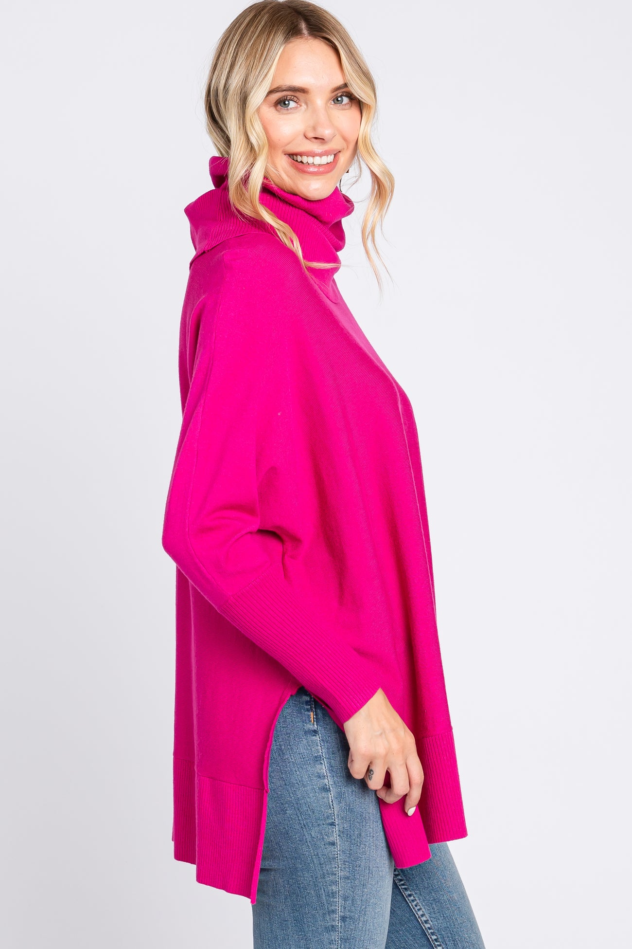 Fuchsia Cowl Neck Dolman Sleeve Sweater