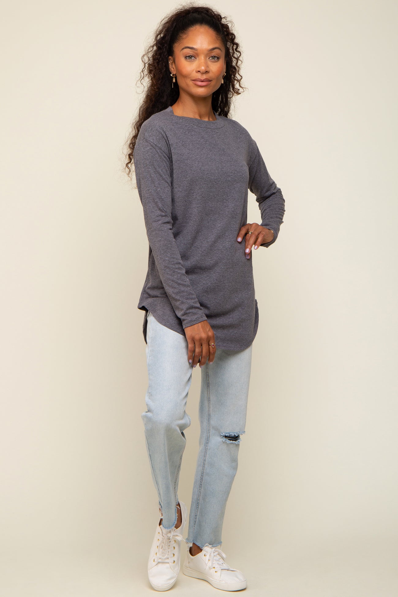 Charcoal Long Sleeve Curved Hem Top