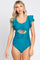 Teal Cutout Layered Flounce Sleeve One Piece Swimsuit