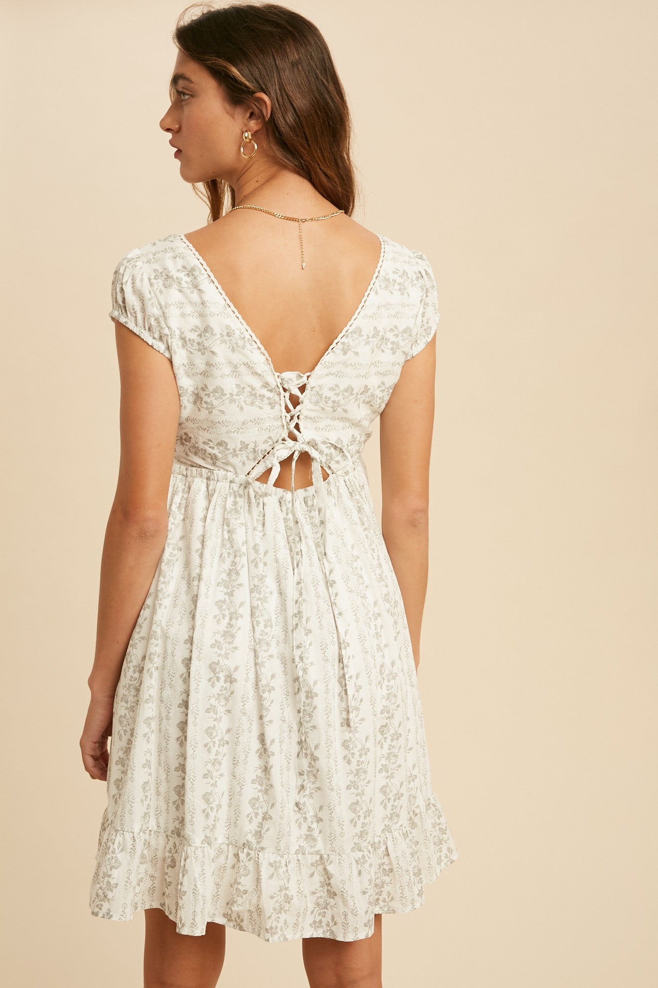 Off White Lace Trim Floral Mini Dress