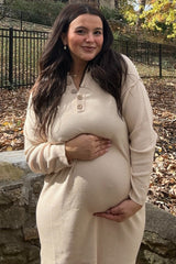 Cream Waffle Knit Button Long Sleeve Maternity Midi Dress