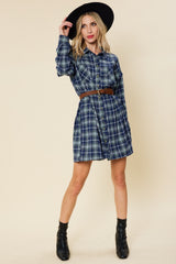 Navy Plaid Button Front Long Sleeve Maternity Dress