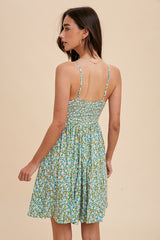 woman wearing a green floral sundress with spaghetti straps and a smocked back, shown from the back