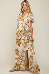 Cream Floral V-Neck Side Slit Maternity Dress