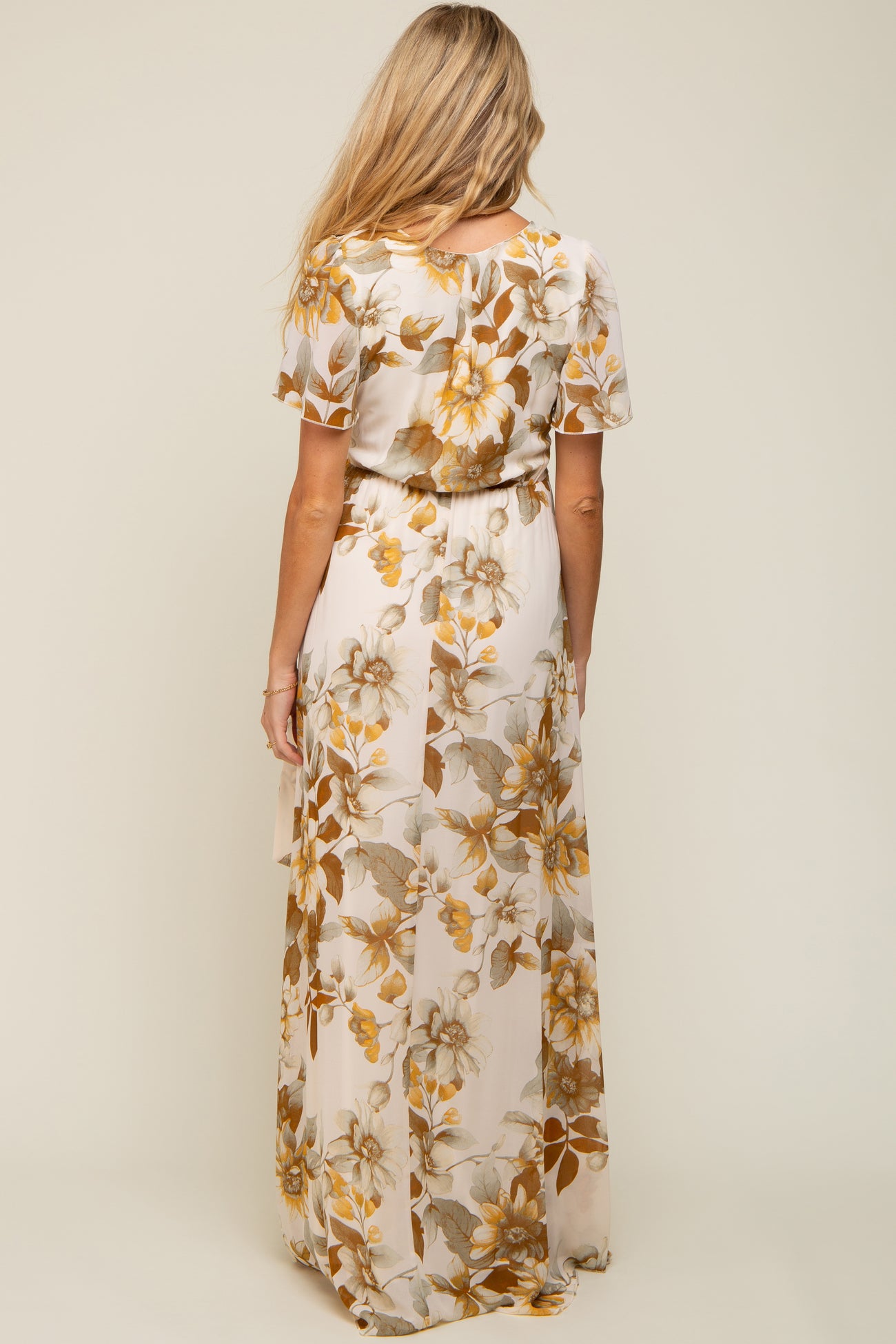 Cream Floral V-Neck Side Slit Maternity Dress