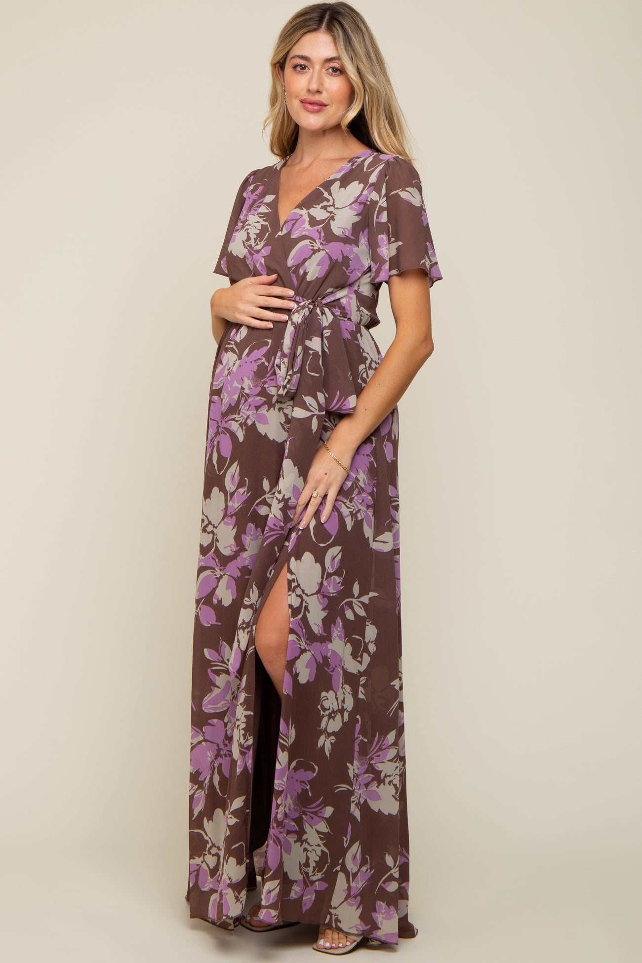Brown Floral V-Neck Side Slit Maternity Dress