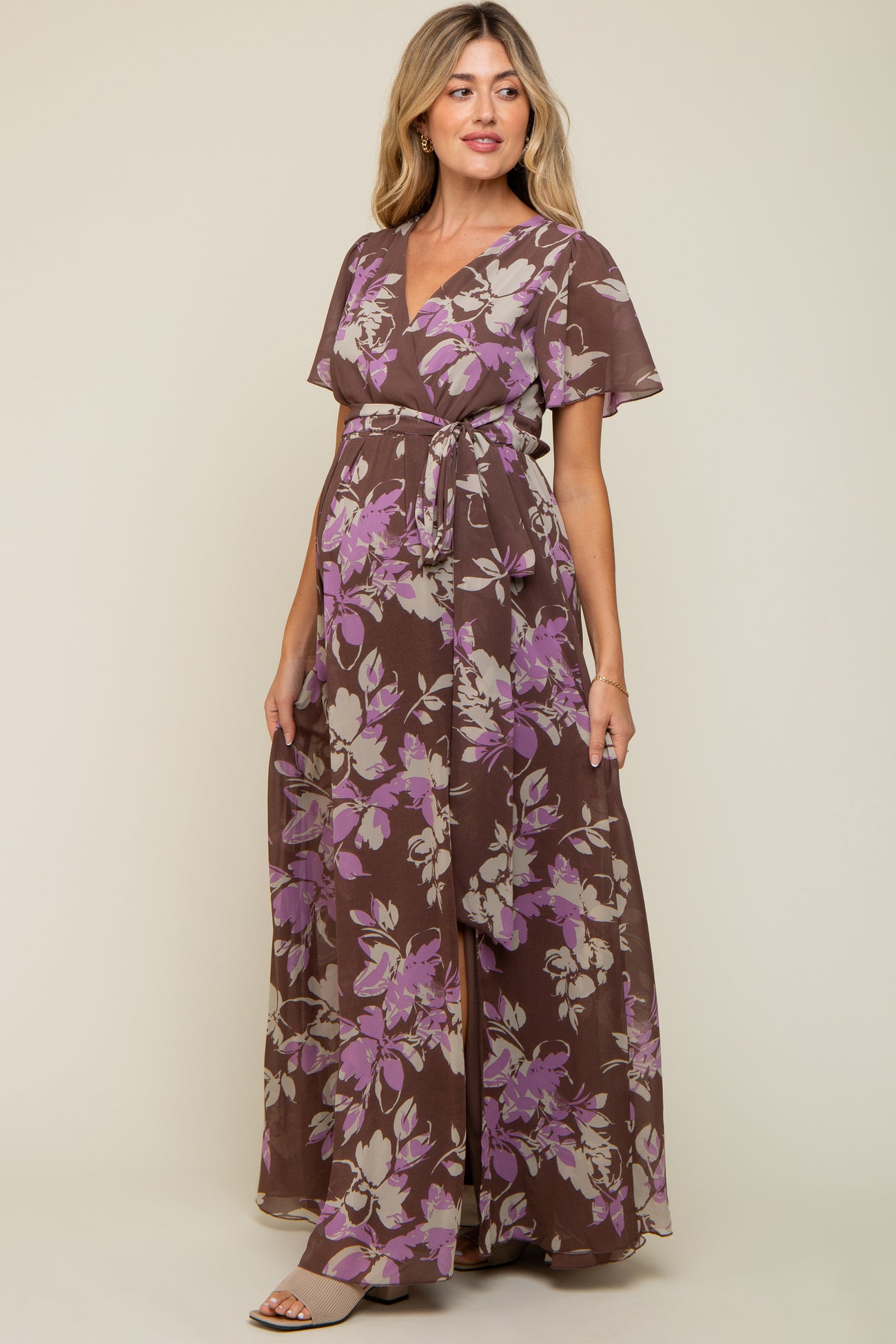 Brown Floral V-Neck Side Slit Maternity Dress