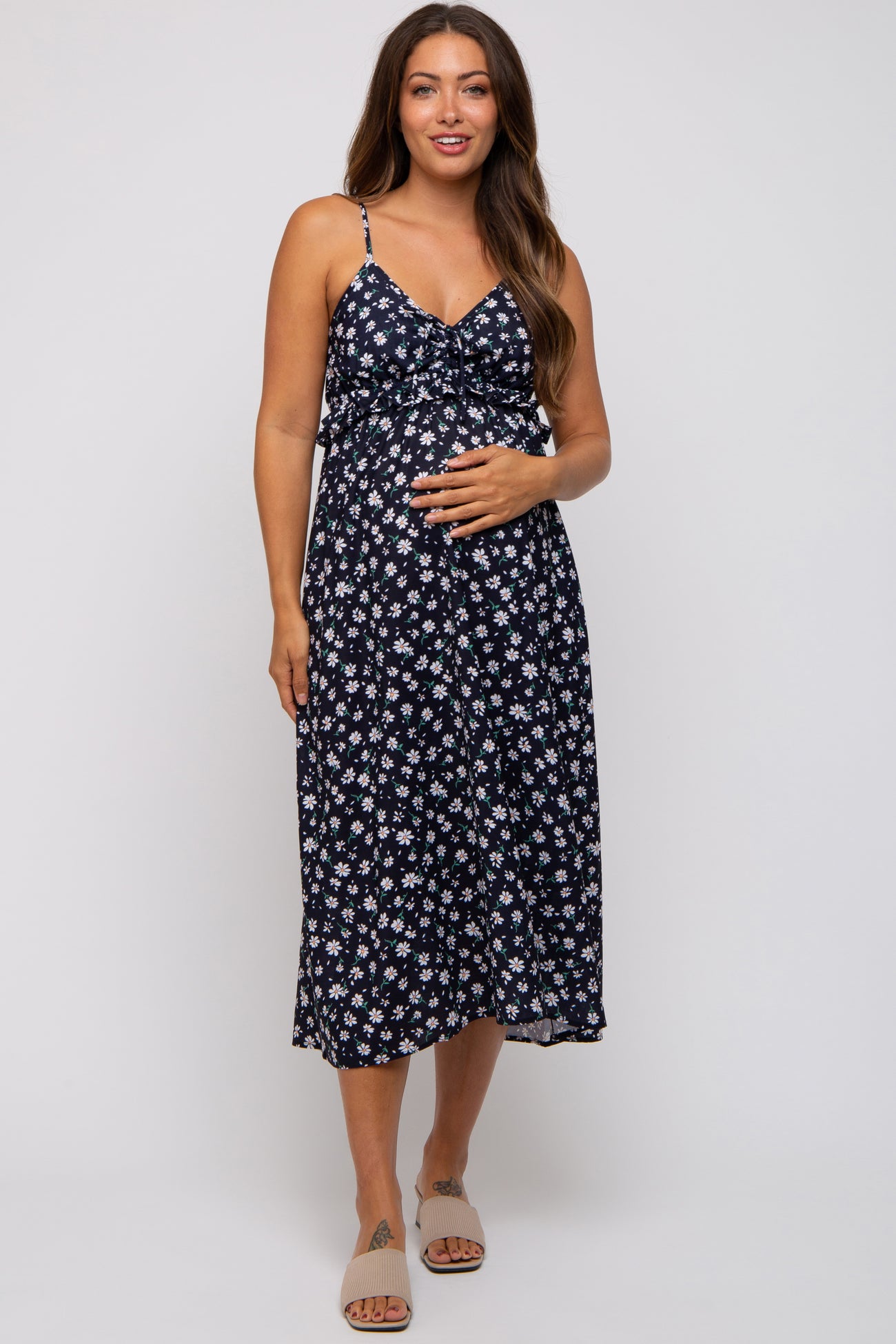 Black Floral Ruffle Accent Maternity Midi Dress