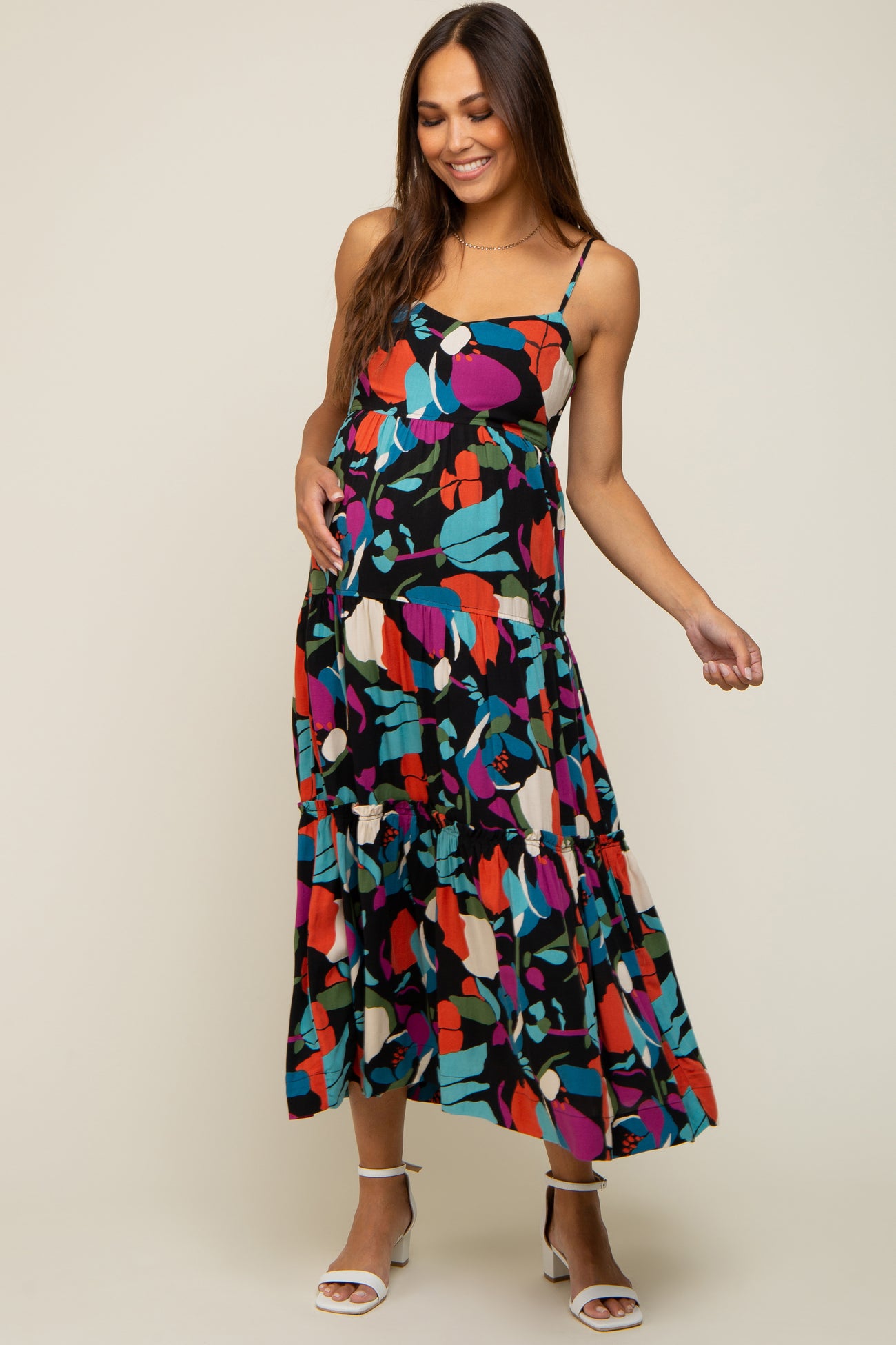 Black Printed Tiered Maternity Midi Dress
