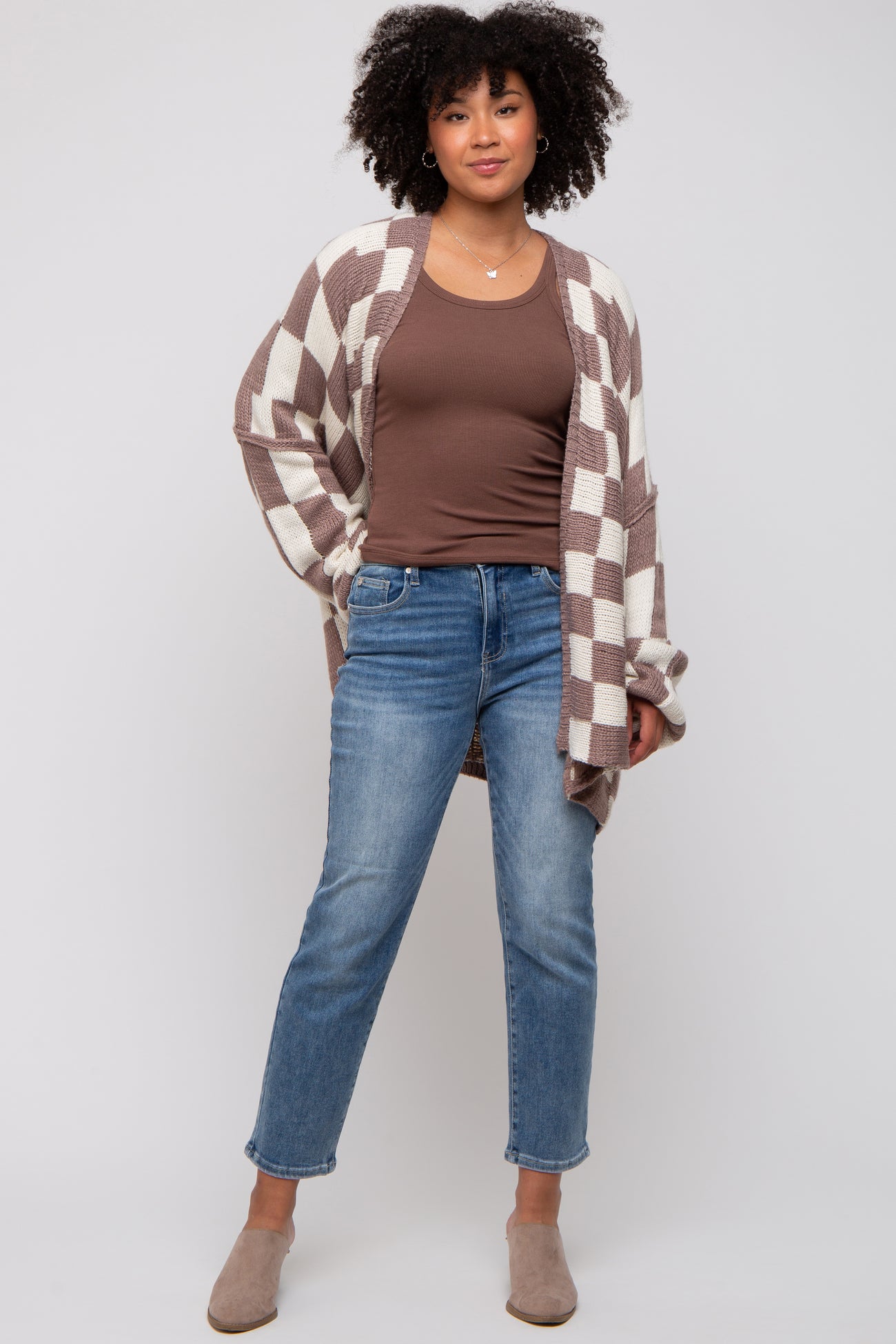 Taupe Checkered Print Oversized Cardigan