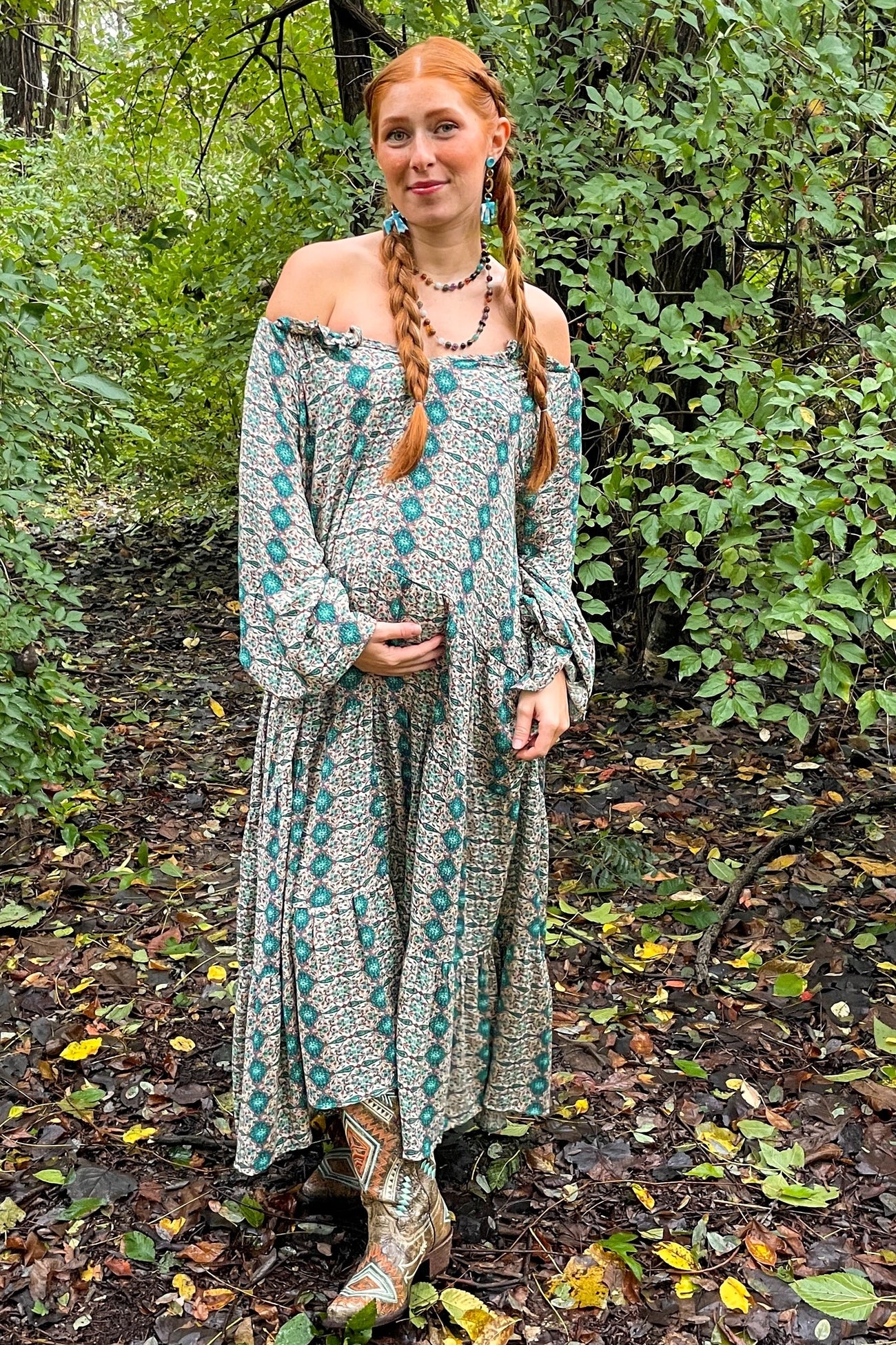 Turquoise Floral Front Tie Tiered Maternity Midi Dress