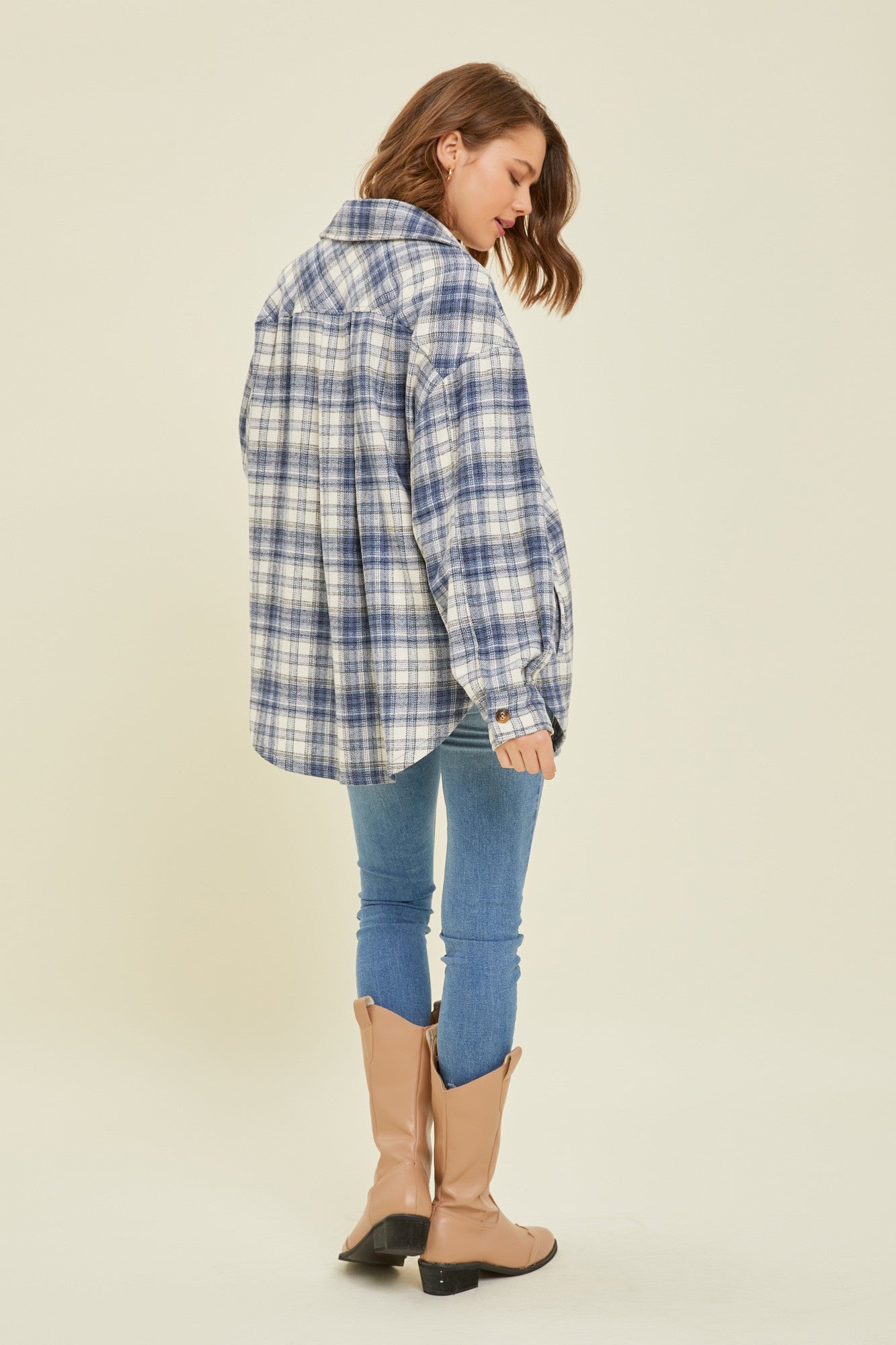 Navy Blue Flannel Plaid Button Up Shacket