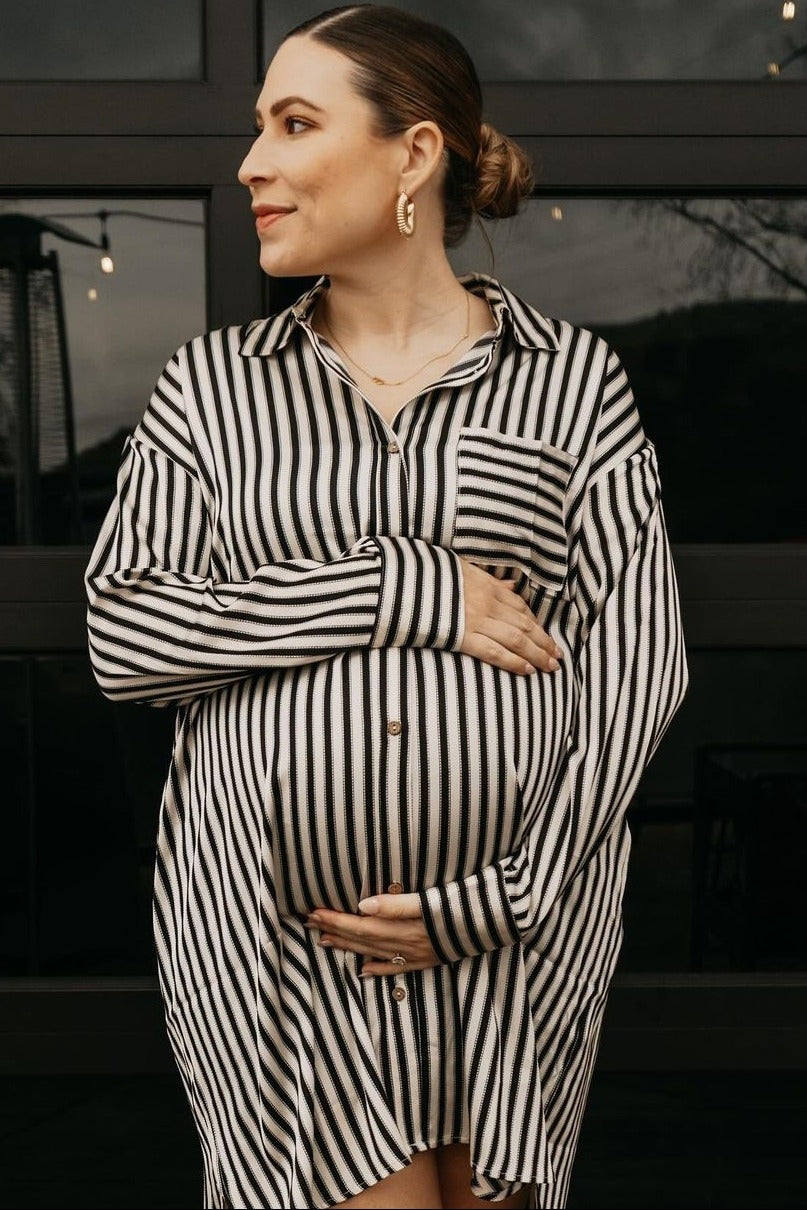 Black Cream Striped Collared Button-Down Maternity Dress