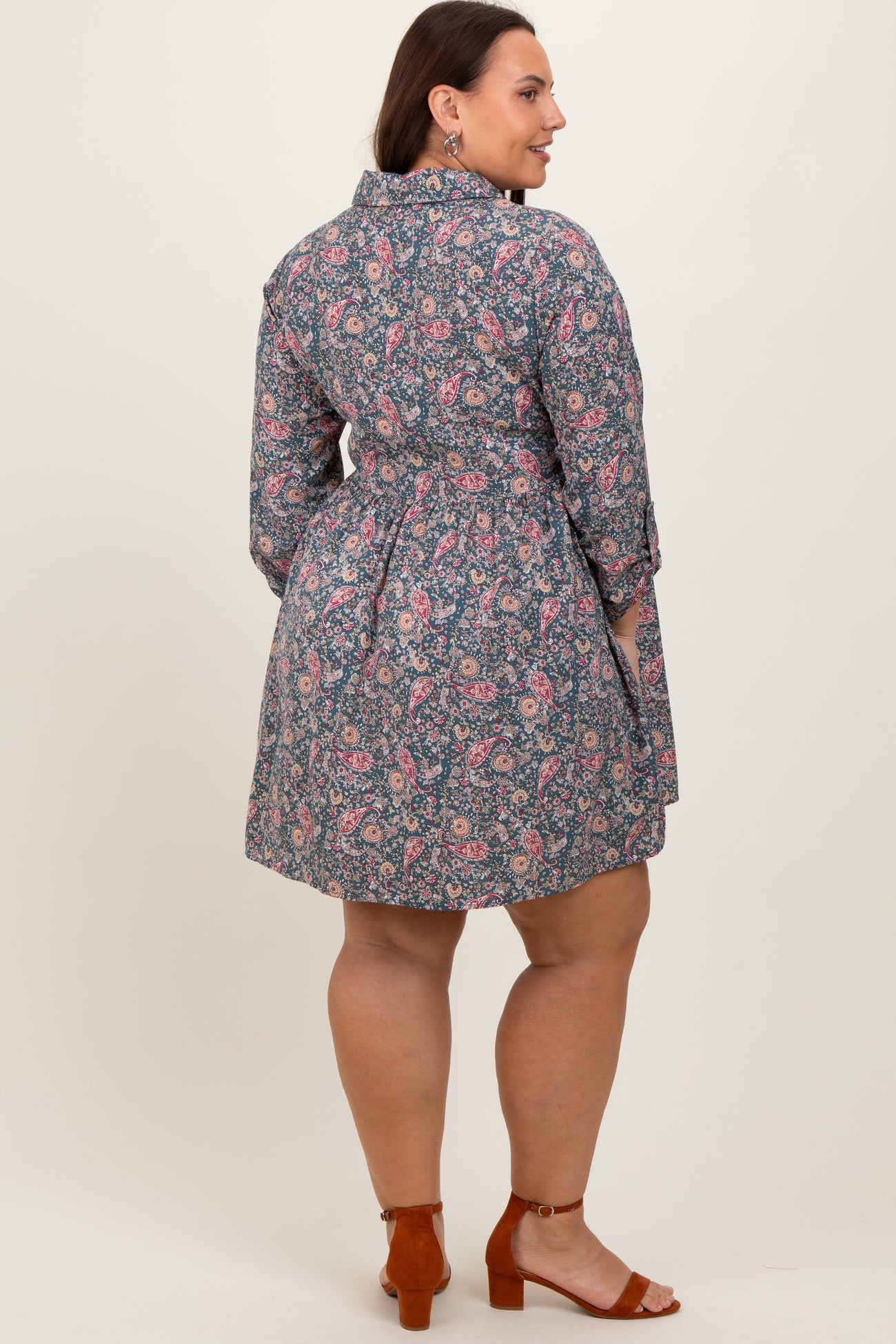 Teal Floral Paisley Button Up Plus Dress