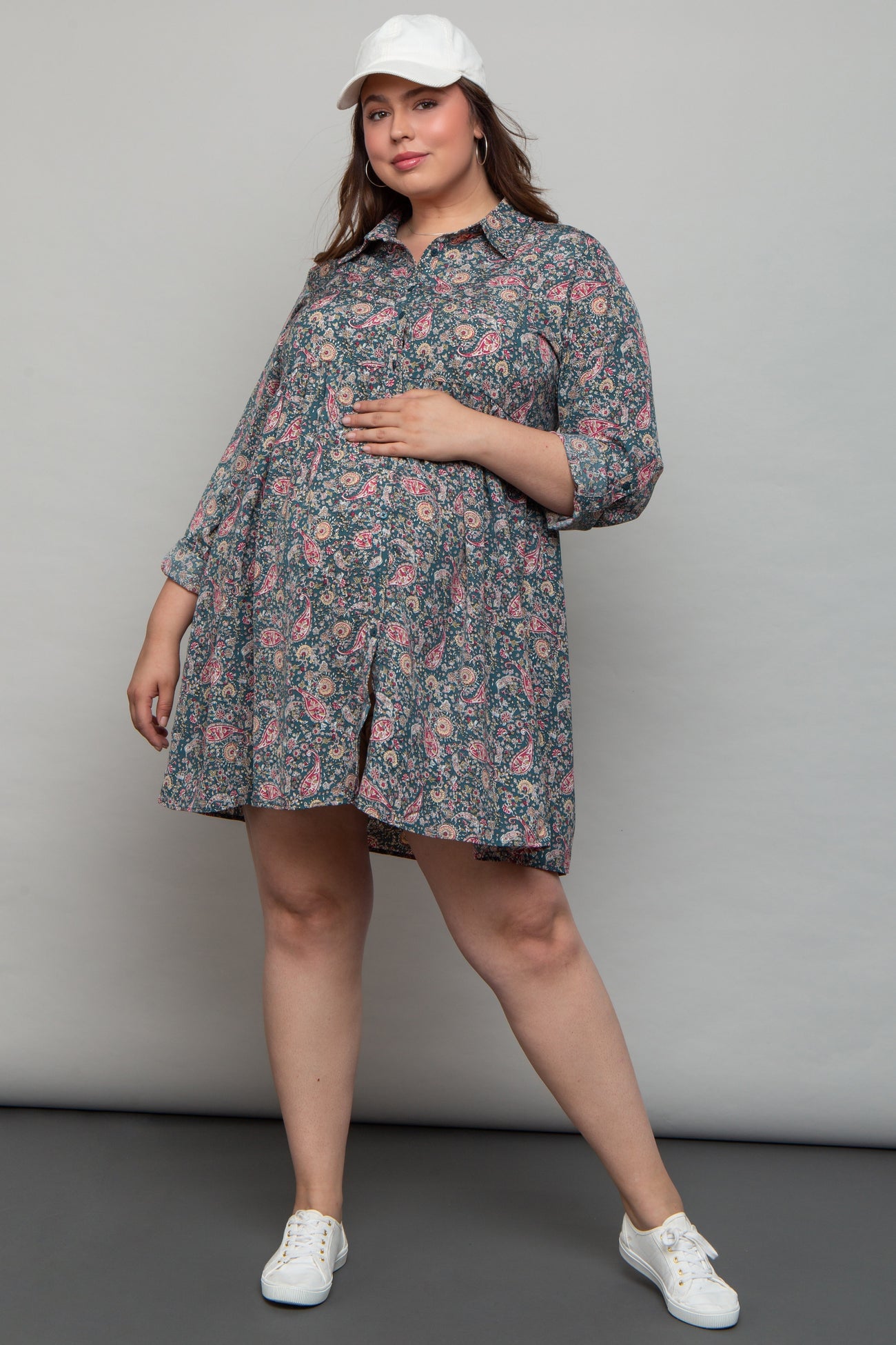 Teal Floral Paisley Button Up Maternity Plus Dress