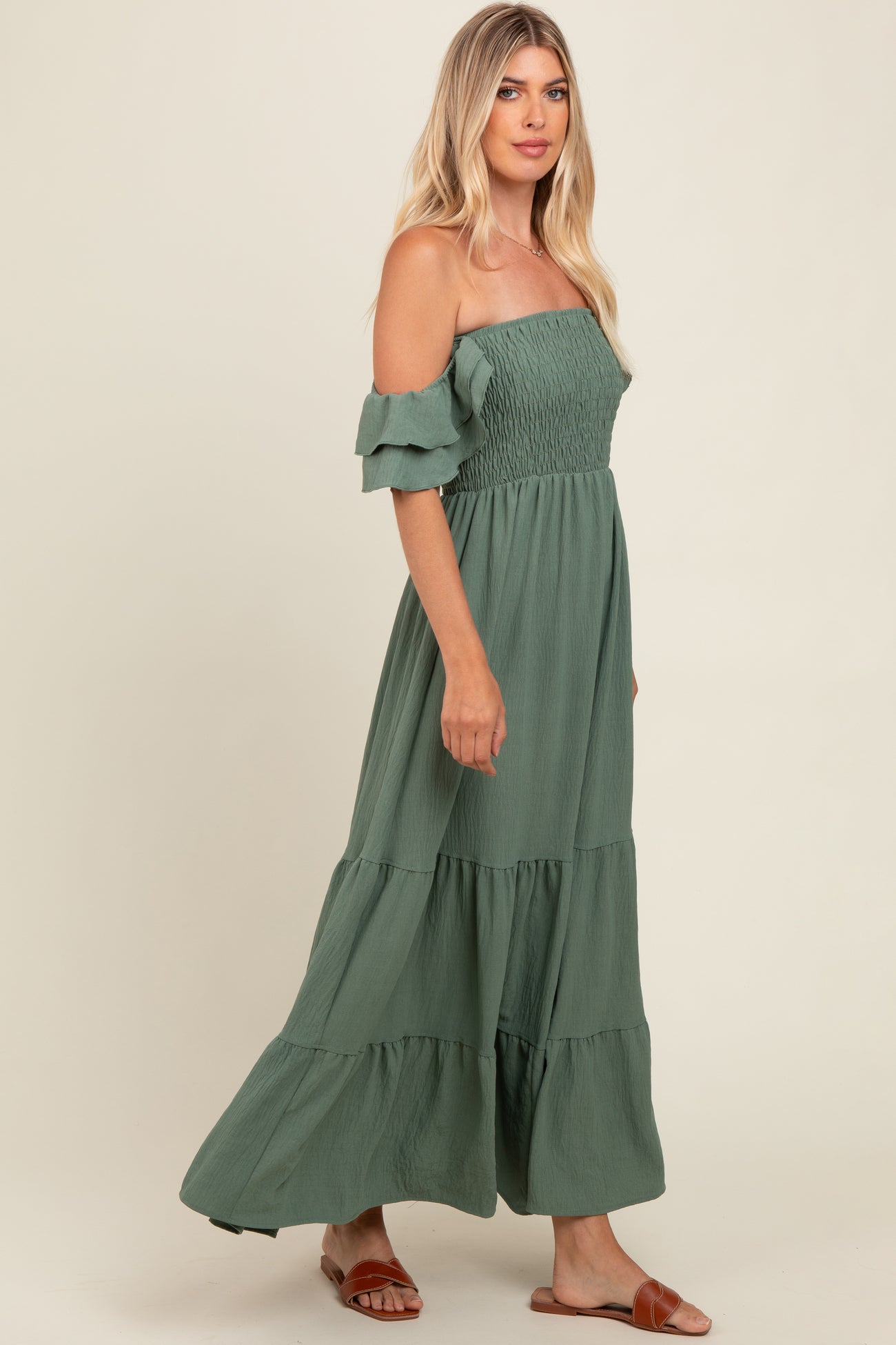 Olive Smocked Ruffle Off Shoulder Tiered Maxi Dress
