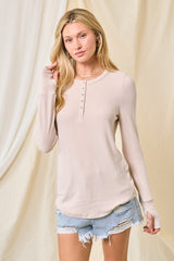 Cream Button Front Soft Knit Long Sleeve Henley Maternity Top