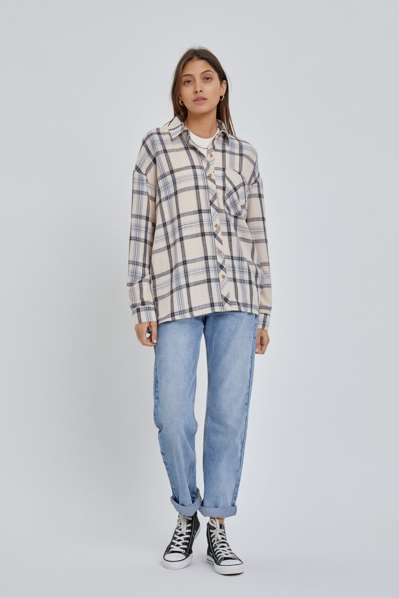 Cream Flannel Plaid Button Up Top