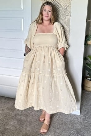 Beige Gauze Embroidery Smocking Tiered Gradient  Dress