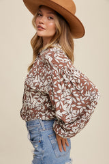 Mocha Leaf Print Button Up Top